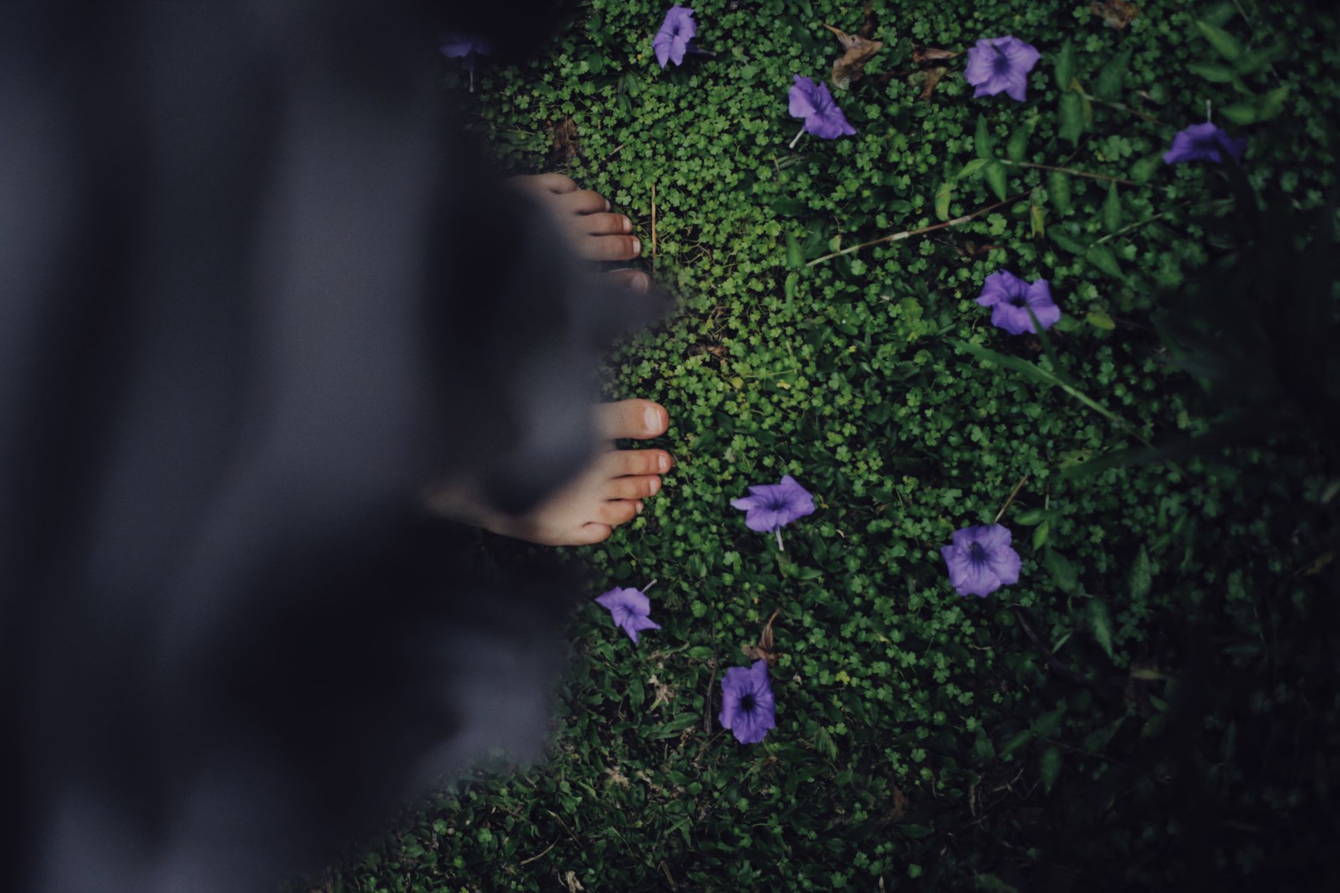 Eine Person steht barfuß auf grünem Gras, umgeben von lila Blumen, und schafft eine ruhige Außenansicht.