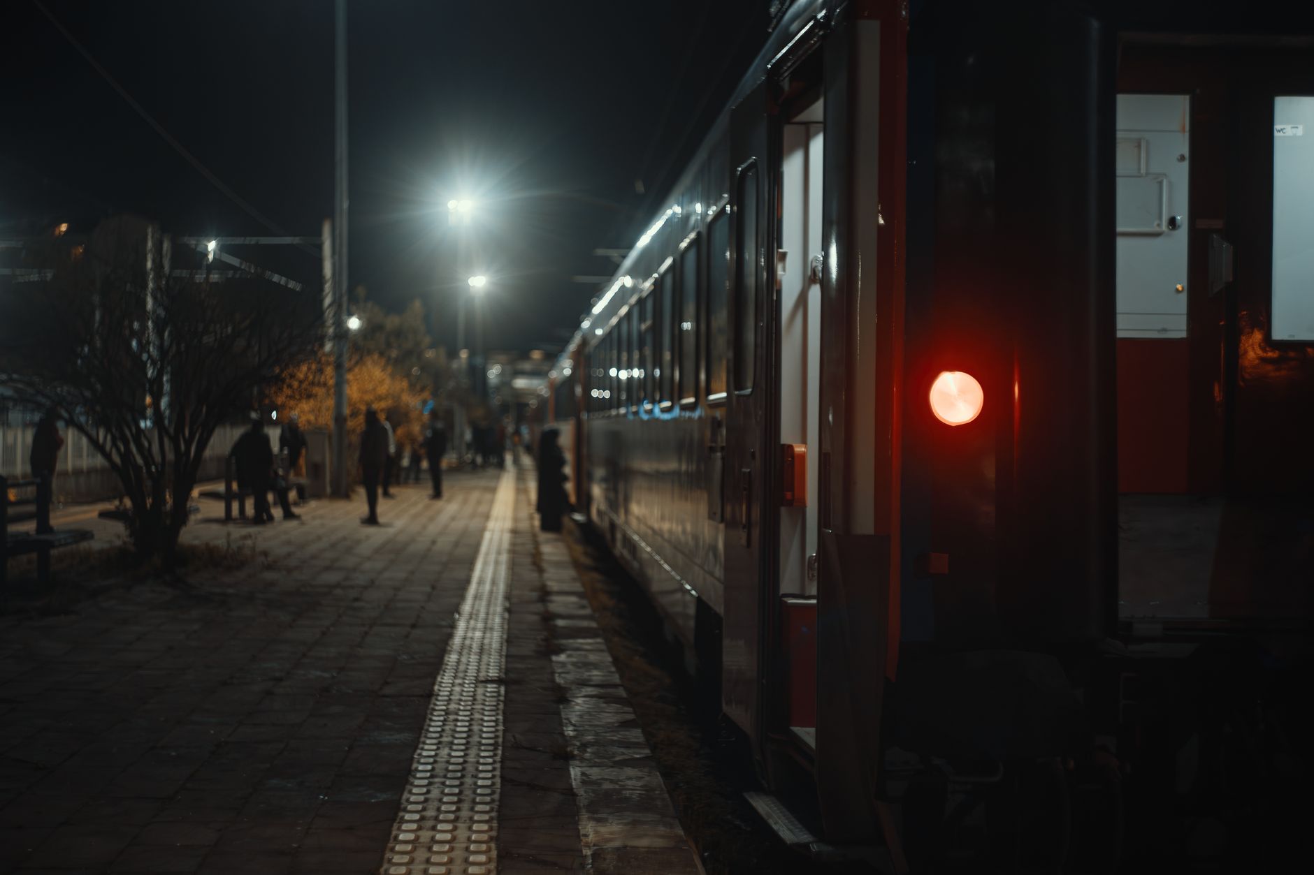 Ein schwach beleuchteter Bahnsteig in der Nacht, mit einem Zug und Passagieren.